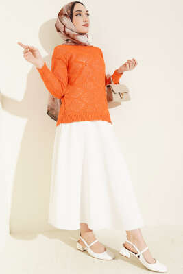 Kare Desenli Ajurlu Triko Kazak Oranj - Triko Kazak