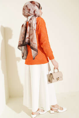 Kare Desenli Ajurlu Triko Kazak Oranj - Triko Kazak