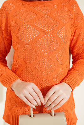 Kare Desenli Ajurlu Triko Kazak Oranj - Yılın Fırsatı