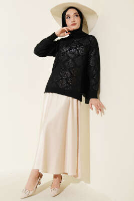 Kare Desenli Ajurlu Triko Kazak Siyah - Triko Kazak