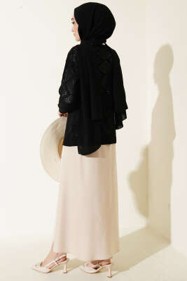 Kare Desenli Ajurlu Triko Kazak Siyah - Triko Kazak