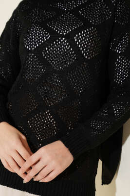 Kare Desenli Ajurlu Triko Kazak Siyah - Triko Kazak