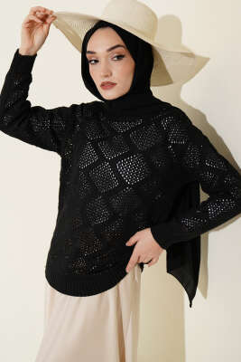 Kare Desenli Ajurlu Triko Kazak Siyah 