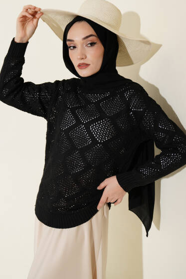 Kare Desenli Ajurlu Triko Kazak Siyah - Yılın Fırsatı
