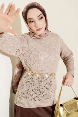 Kare Desenli Ajurlu Triko Kazak Vizon - RAFİMİX