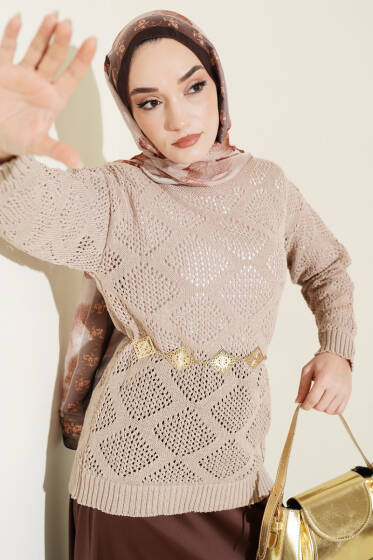 Kare Desenli Ajurlu Triko Kazak Vizon - Triko Kazak