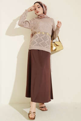 Kare Desenli Ajurlu Triko Kazak Vizon - RAFİMİX