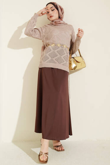 Kare Desenli Ajurlu Triko Kazak Vizon - Triko Kazak