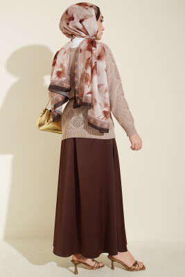 Kare Desenli Ajurlu Triko Kazak Vizon - Triko Kazak