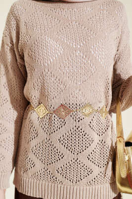 Kare Desenli Ajurlu Triko Kazak Vizon - Triko Kazak