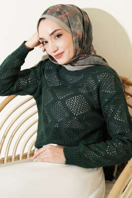 Kare Desenli Ajurlu Triko Kazak Zümrüt - RAFİMİX