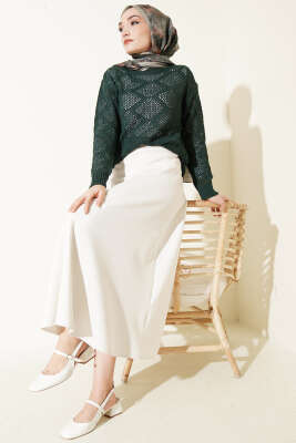 Kare Desenli Ajurlu Triko Kazak Zümrüt - Yılın Fırsatı