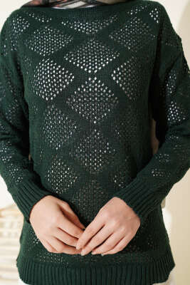 Kare Desenli Ajurlu Triko Kazak Zümrüt - Yılın Fırsatı