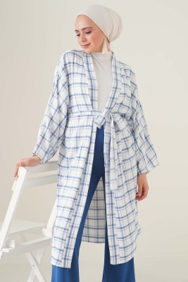 Kare Desenli Beli Kuşaklı İndigo Kimono - Thumbnail
