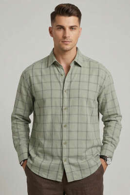 Kare Desenli Erkek Gömlek Haki - GİESTO