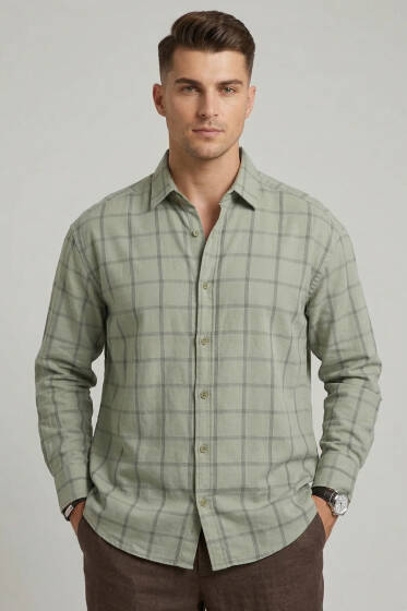 Kare Desenli Erkek Gömlek Haki - Erkek Gömlek