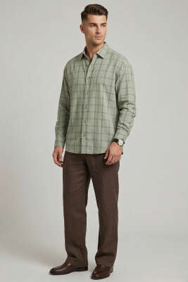 Kare Desenli Erkek Gömlek Haki - Erkek Gömlek