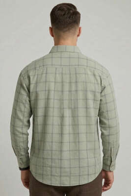 Kare Desenli Erkek Gömlek Haki - Erkek Gömlek