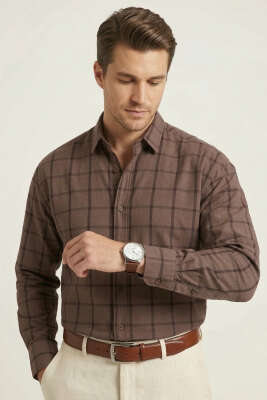 Kare Desenli Erkek Gömlek Kahve - GİESTO