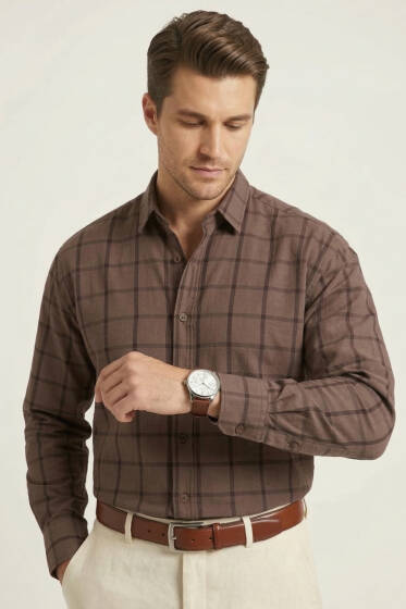 Kare Desenli Erkek Gömlek Kahve - Erkek Gömlek