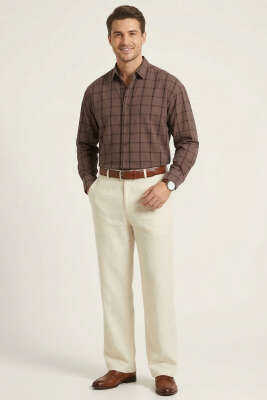 Kare Desenli Erkek Gömlek Kahve - Erkek Gömlek