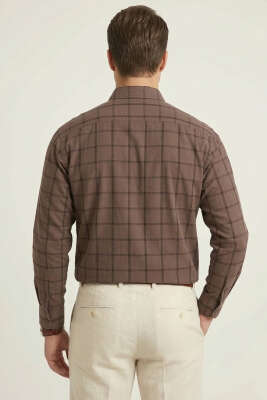 Kare Desenli Erkek Gömlek Kahve - Erkek Gömlek