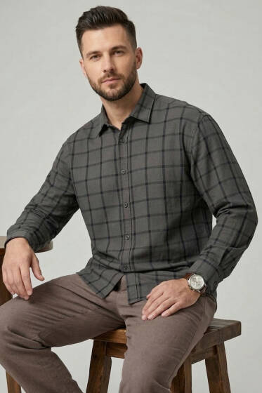 Kare Desenli Erkek Gömlek Siyah - Erkek Gömlek