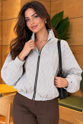 Kare Desenli Fermuarlı Ceket Beyaz - Kadın Giyim Modelleri