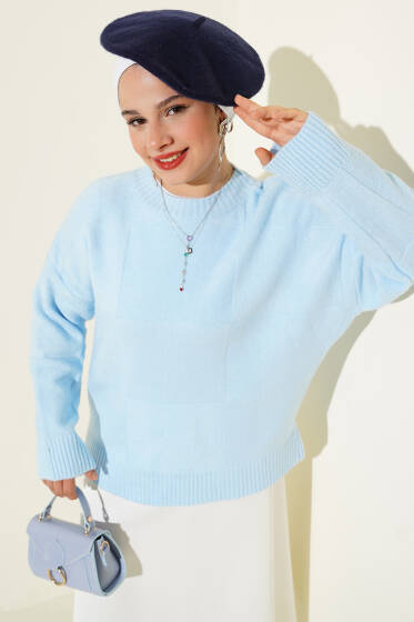 Kare Desenli Triko Kazak Bebe Mavi - Triko Kazak