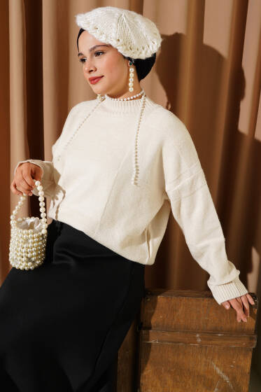 Kare Desenli Triko Kazak Bej - Triko Kazak