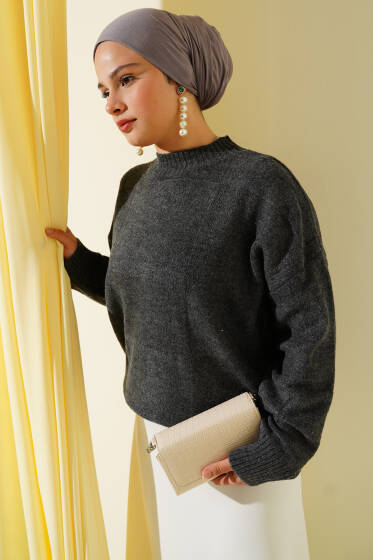 Kare Desenli Triko Kazak Füme - Triko Kazak