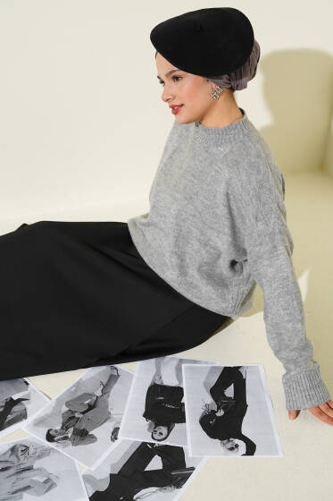 Kare Desenli Triko Kazak Gri - Triko Kazak