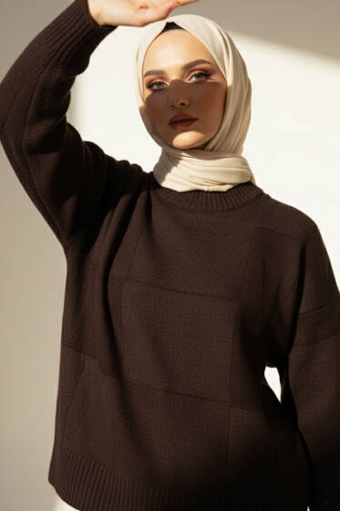 Kare Desenli Triko Kazak Kahve - Triko Kazak