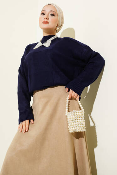 Kare Desenli Triko Kazak Lacivert - Triko Kazak