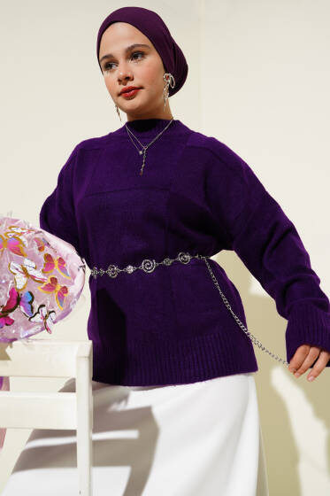 Kare Desenli Triko Kazak Mor - Triko Kazak