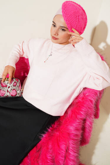 Kare Desenli Triko Kazak Pudra - Triko Kazak