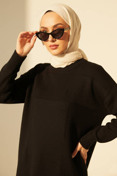 Kare Desenli Triko Kazak Siyah - Triko Kazak