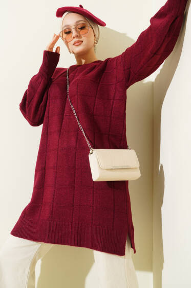 Kare Desenli Yumoş Triko Tunik Bordo - Tunik
