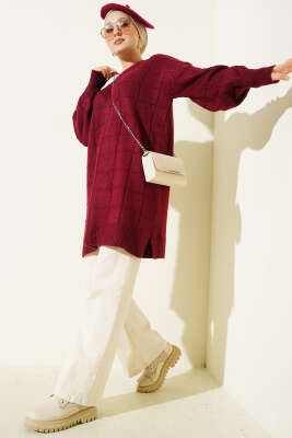 Kare Desenli Yumoş Triko Tunik Bordo - Tunik