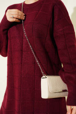 Kare Desenli Yumoş Triko Tunik Bordo - Tunik
