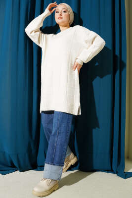 Kare Desenli Yumoş Triko Tunik Ekru - Tunik