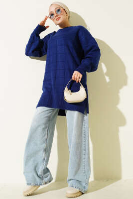 Kare Desenli Yumoş Triko Tunik Lacivert - Tunik