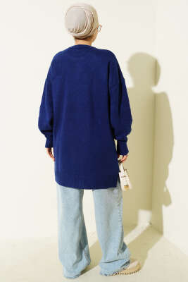 Kare Desenli Yumoş Triko Tunik Lacivert - Tunik