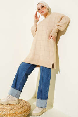 Kare Desenli Yumoş Triko Tunik Latte - Tunik