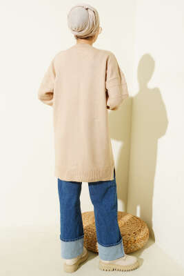 Kare Desenli Yumoş Triko Tunik Latte - Tunik