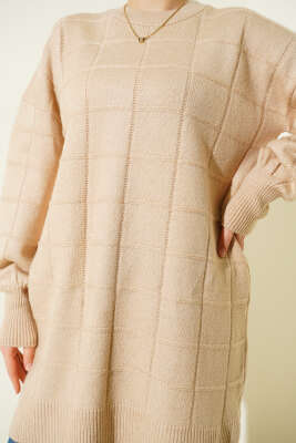 Kare Desenli Yumoş Triko Tunik Latte - Tunik