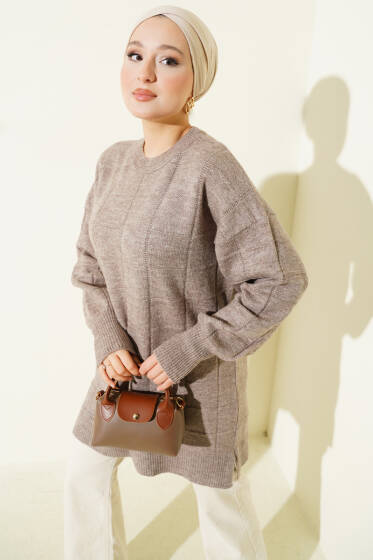 Kare Desenli Yumoş Triko Tunik Vizon - Tunik