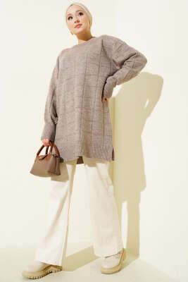 Kare Desenli Yumoş Triko Tunik Vizon - Tunik