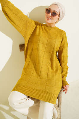 Kare Desenli Yumoş Triko Tunik Yağ Yeşili - NESSİA