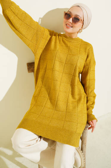 Kare Desenli Yumoş Triko Tunik Yağ Yeşili - Tunik